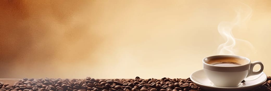 Cup of hot coffee with coffee beans on brown background.Long photo banner for website header design with copy space. Cafe menu concept idea background