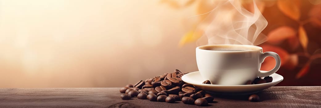 Cup of hot coffee with coffee beans on brown background.Long photo banner for website header design with copy space. Cafe menu concept idea background