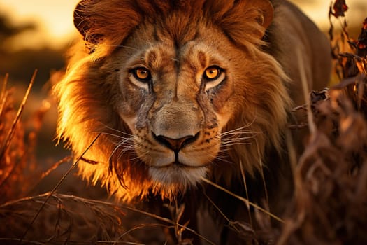 An adult lion looks directly at the camera in the savannah.