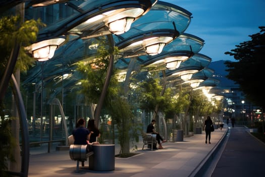 Streets of the evening city, illuminated using energy from solar panels.