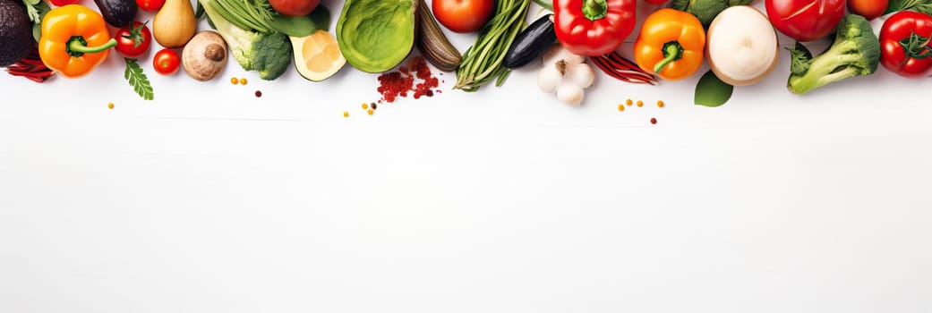 Panoramic wide organic healthy food background. Healthy vegan vegetarian food vegetables and fruits, copy space, banner. Food supermarket and clean vegan eating concept