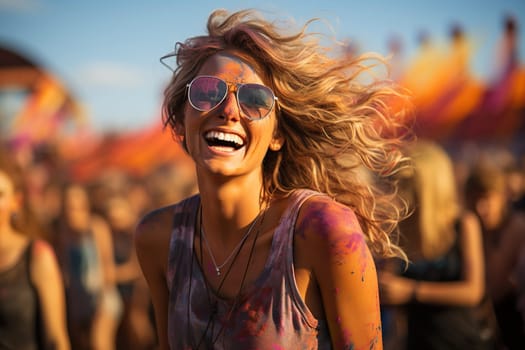 Smiling girl smeared with colored powder. Festival of colors.