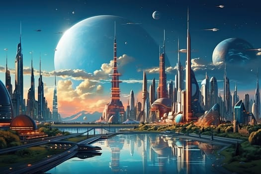 Fantastic modern city on another planet. Panorama of the city.