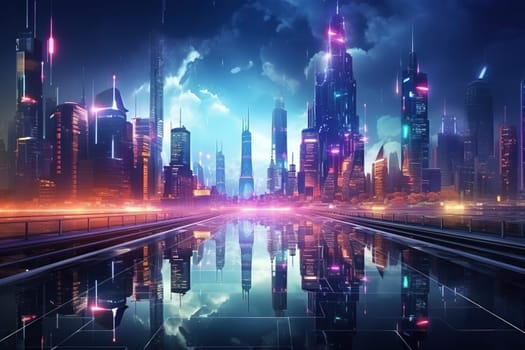 Futuristic cityscape on a colorful background with bright and glowing neon lights. Illustration in cyberpunk style.