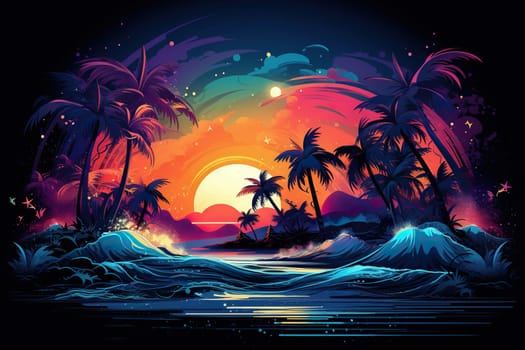 Sunset with silhouettes of palm trees and waves in neon colors. Illustration in retro style in neon colors.