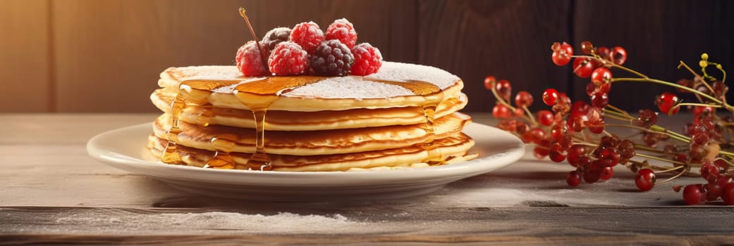 Stack of pancakes with berries. Advertising banner, web banner. Lush delicious pancakes with blueberries, raspberries and syrup for homemade breakfast. Lifestyle concept of food, cooking. Copy space