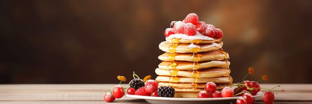 Stack of pancakes with berries. Advertising banner, web banner. Lush delicious pancakes with blueberries, raspberries and syrup for homemade breakfast. Lifestyle concept of food, cooking. Copy space