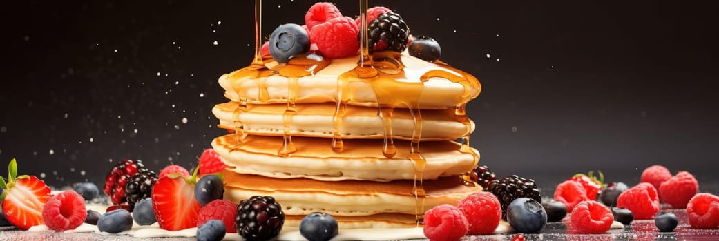 Stack of pancakes with berries. Advertising banner, web banner. Lush delicious pancakes with blueberries, raspberries and syrup for homemade breakfast. Lifestyle concept of food, cooking. Copy space