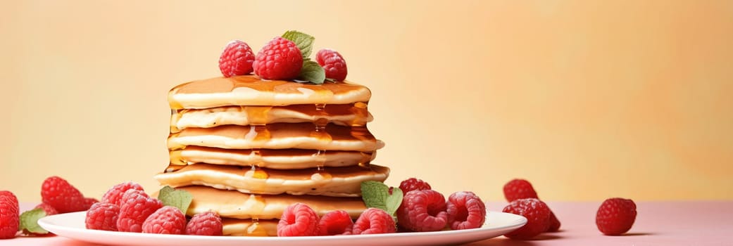 Stack of pancakes with berries. Advertising banner, web banner. Lush delicious pancakes with blueberries, raspberries and syrup for homemade breakfast. Lifestyle concept of food, cooking. Copy space