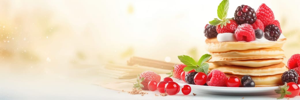 Stack of pancakes with berries. Advertising banner, web banner. Lush delicious pancakes with blueberries, raspberries and syrup for homemade breakfast. Lifestyle concept of food, cooking. Copy space