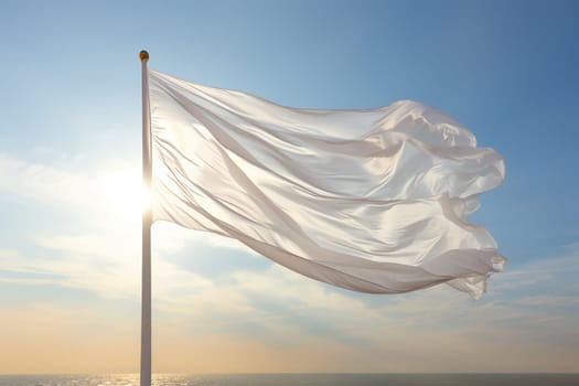 A clean white flag flutters in the wind in the blue sky.