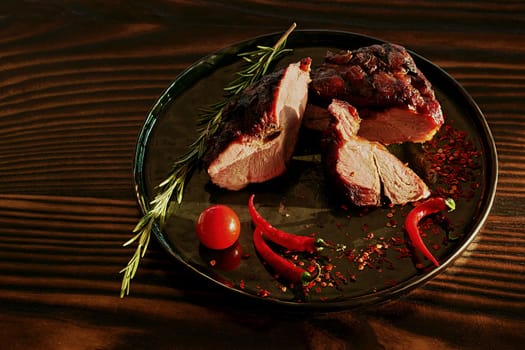 Prepared meat with pepper and rosemary on a wooden table