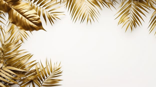 Frame with golden palm leaves on a white background. Place for text.