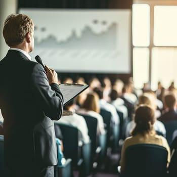 The speaker stands at the blackboard giving a lecture. High quality photo