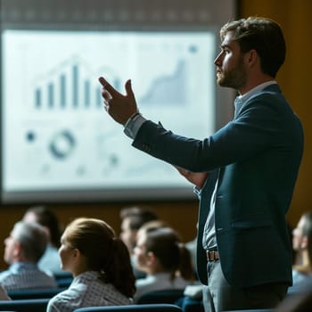 The speaker stands at the blackboard giving a lecture. High quality photo