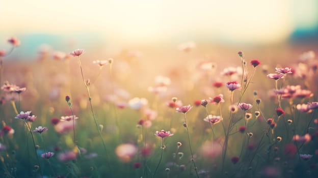 wildflowers on a meadow - Shallow depth of field. Warm summer evening with a prairie in the sunset light - generative AI