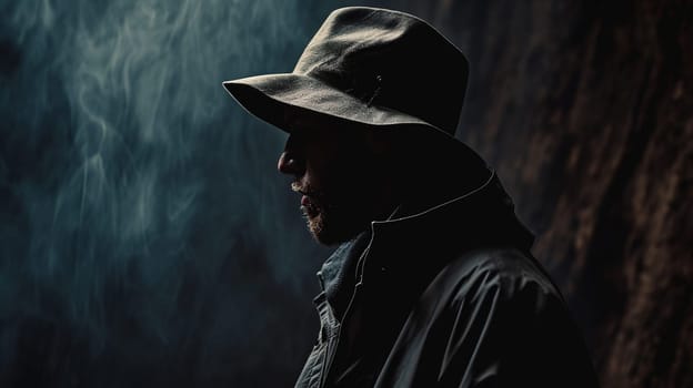 The mysterious man in the noir hat. High quality photo