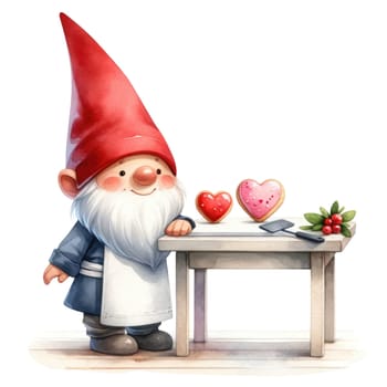 Valentines gnome, love Nordic gnome, Scandinavian gnomes, Watercolor cute valentines day postcard. Vellichor.