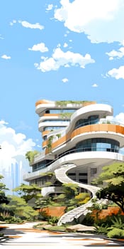 Amidst a concrete jungle, a spiraling staircase leads to the sky, as lush trees and puffy clouds paint a natural escape on the side of the modern city building