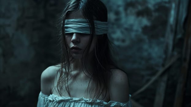 A girl with a blindfold is groping in the dark. Abstract symbolism. High quality illustration