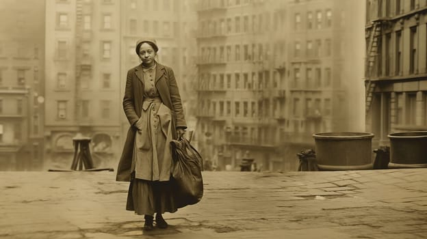 Sepia-toned image of a woman from the early 1900s standing in an urban landscape - Generative AI