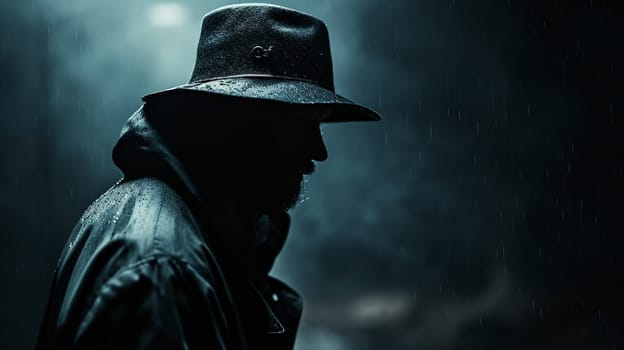 The mysterious man in the noir hat. High quality photo