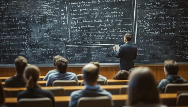 The speaker stands at the blackboard giving a lecture. High quality photo