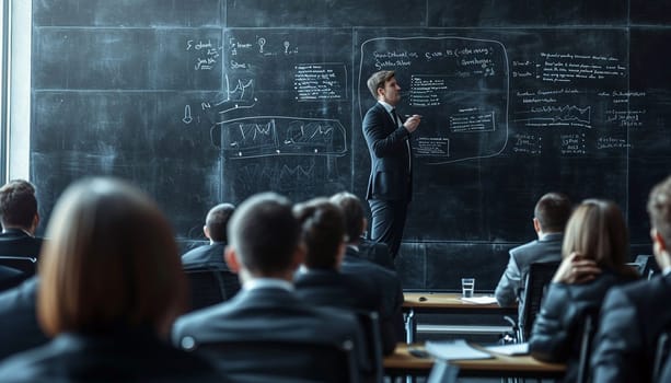 The speaker stands at the blackboard giving a lecture. High quality photo