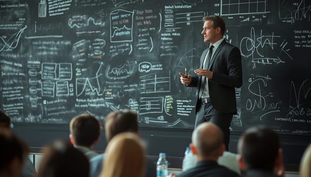 The speaker stands at the blackboard giving a lecture. High quality photo