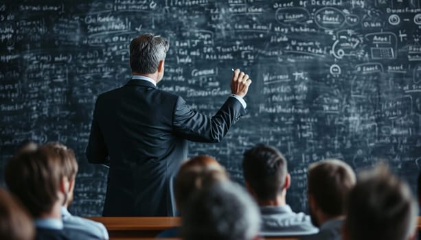The speaker stands at the blackboard giving a lecture. High quality photo