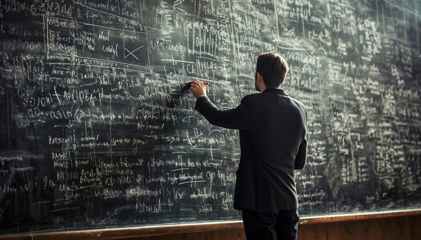 The speaker stands at the blackboard giving a lecture. High quality photo