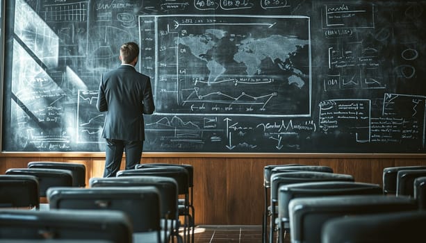 A man is thinking in front of a blackboard . High quality illustration