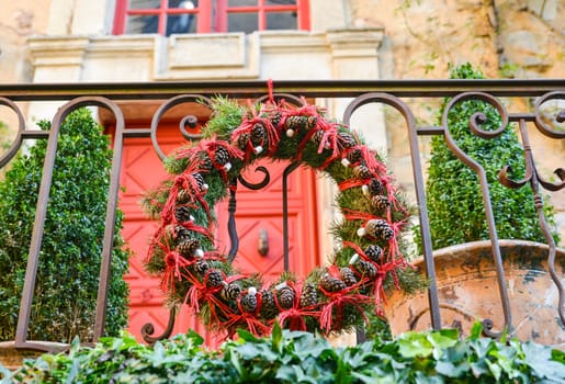 Christmas wreath of Christmas tree branches and cones