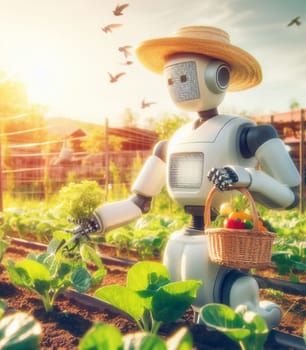 robot working in the farm vegetable garden to grow produce for human consumption ai generated