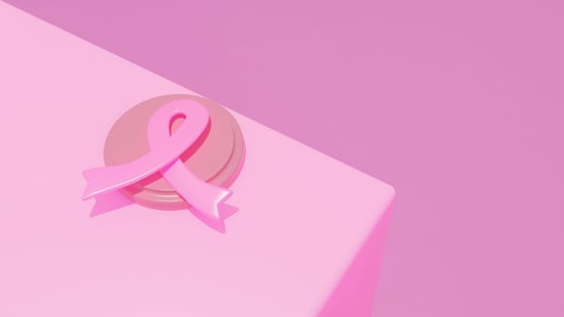 Pink ribbon symbol on podium on pink background, breast cancer awareness, 3d render illustration..