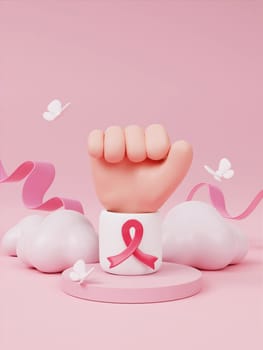 Cartoon hands and 3d pink ribbon for symbolic of encourage breast cancer awareness. 3d render illustration..