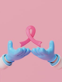 Cartoon raised doctor hand with gloves 3d pink ribbon for symbolic of encourage breast cancer awareness. 3d render illustration..