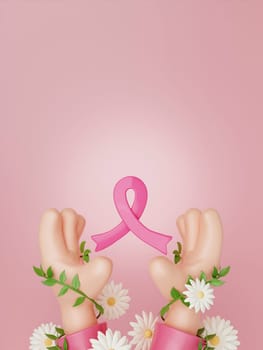 Cartoon hands holding 3d pink ribbon for symbolic of encourage breast cancer awareness. 3d render illustration..