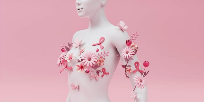 3d render, female bust, white mannequin covered with colorful paper flowers, woman silhouette isolated on pink background. Breast cancer support. Floral fashion concept. Modern botanical sculpture.