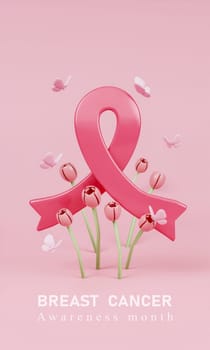 Pink ribbon with flowers and text for Breast Cancer Awareness Month and World Cancer Day banner background design in 3D illustration..