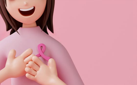 Woman hand holding pink ribbon breast cancer awareness. concept healthcare and medicine. 3D render illustration..