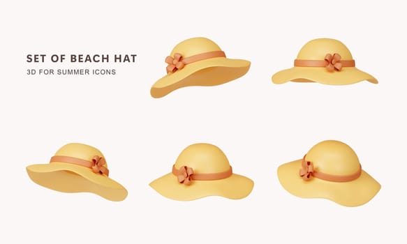3d set of beach hat for summer time. summer vacation and holidays concept. icon isolated on white background. 3d rendering illustration. Clipping path..
