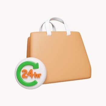 3d shopping bag with 24 hour button. online shopping E-commerce, store, 24 hours. icon isolated on white background. 3d rendering illustration. Clipping path..