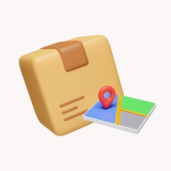 3d location pointer pin marker and box packing. online delivery shipping track. online order shopping service. icon isolated on white background. 3d rendering illustration. Clipping path..