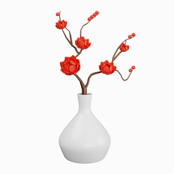 3d flower in vase. Colorful spring bouquet. Floral arrangement garland. icon isolated on white background. 3d rendering illustration. Clipping path..