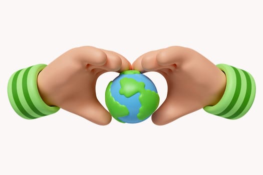 3d heart hand and earth. Save Earth. Save Environment Concept. icon isolated on white background. 3d rendering illustration. Clipping path..