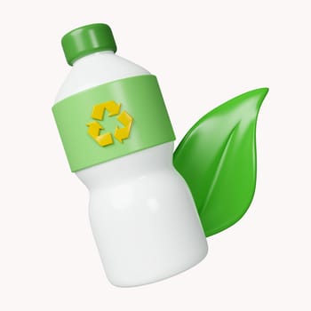 3d bottle of water and leaf . the idea is to recycle old plastic bottles, think green. icon isolated on white background. 3d rendering illustration. Clipping path..