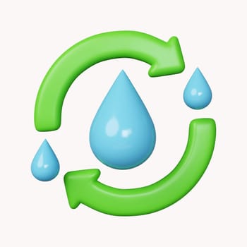3d Two arrows green circulating around water drop blue. Water recycling. Ecology renewable natural resource concept. icon isolated on white background. 3d rendering illustration. Clipping path..