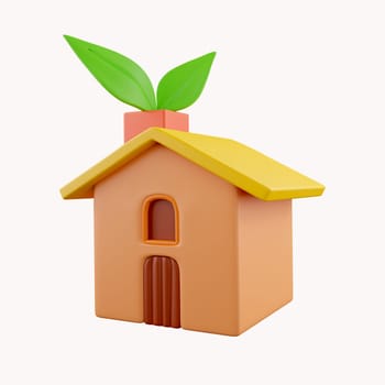 3D eco house with leaf. Render eco-friendly house for protect environment, global warming, green energy concept. icon isolated on white background. 3d rendering illustration. Clipping path..