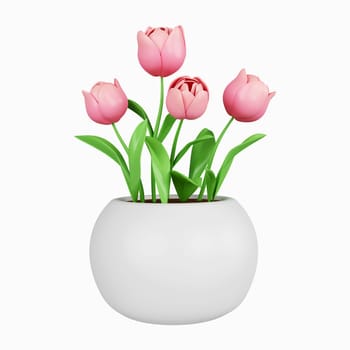 3d flower in vase. Colorful spring bouquet. Floral arrangement garland. icon isolated on white background. 3d rendering illustration. Clipping path..